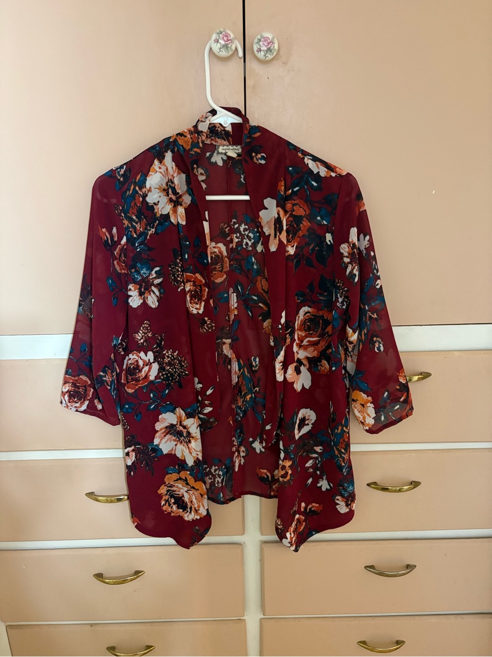 Eyeshadow Burgundy Floral Open-Front Kimono
